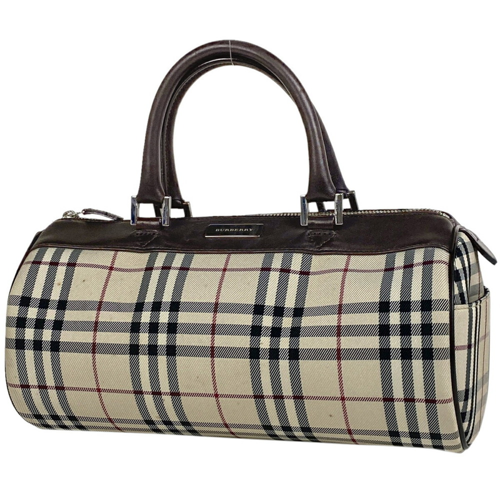 Burberry Check Handbag Logo Cylindrical Canvas Beige Brown